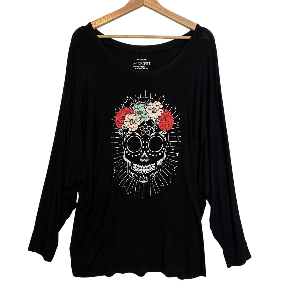 Torrid Super Soft Knits Black Sugar Skull Floral Dolman Long Sleeve Top Sz 2= 2X